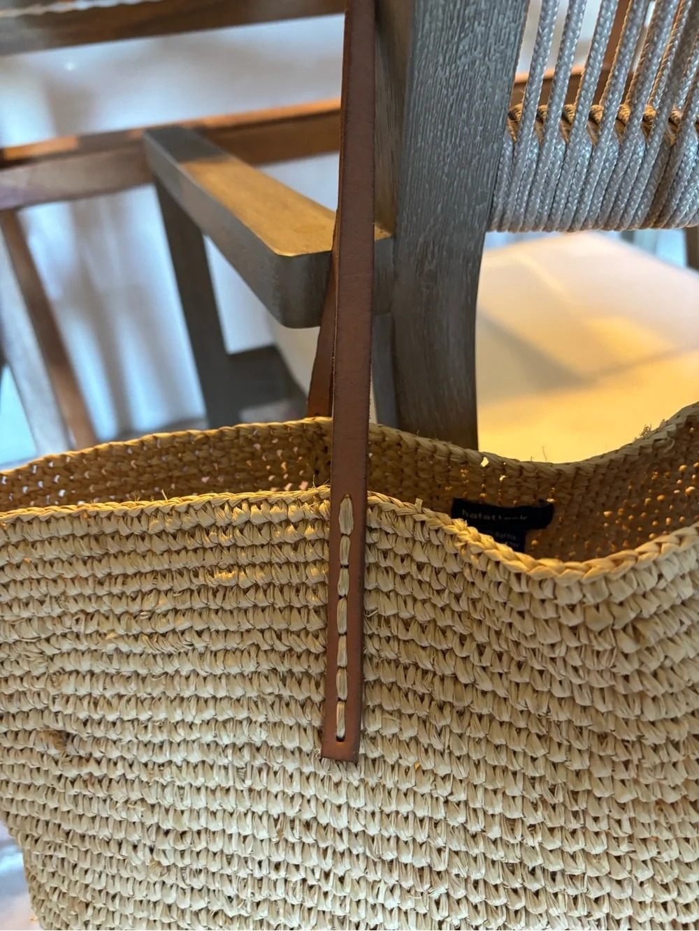 Hat Attack Raffia Straw Tote Multicolor Stripe Leather Handles Boho Beach Bag